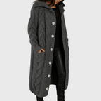 Longline cable-knit cardigan in charcoal gray, hooded, button-front with patch pocket detail