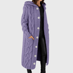 Longline cable-knit cardigan in lavender purple, hooded, button-front with patch pockets