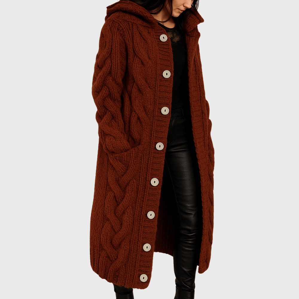 Longline cable-knit cardigan in rust brown, hooded, button-front with side patch pockets