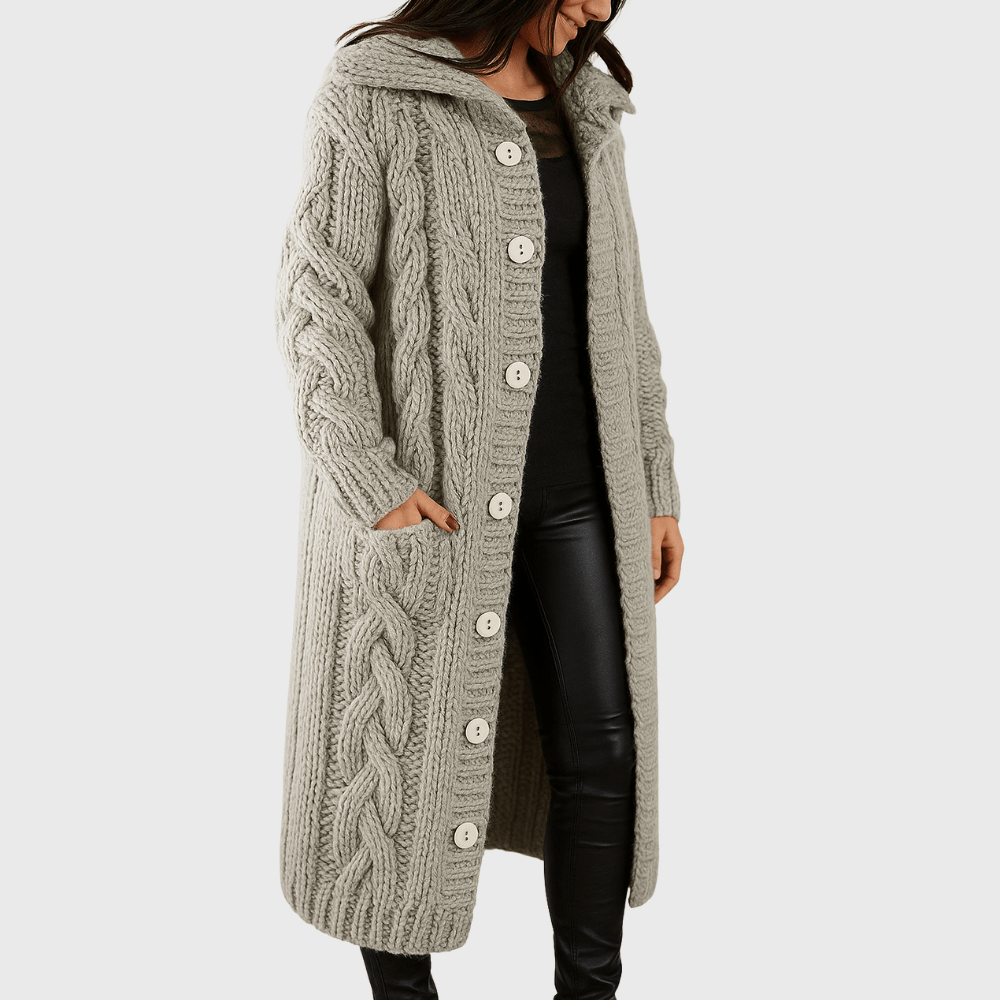 Longline cable-knit cardigan in light gray, hooded, button-front and side patch pockets