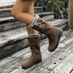 Mid-calf dark brown boots with faux-fur cuff and side double buckles