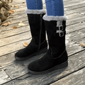 Mid-calf black boots with faux-fur cuff and side double buckles