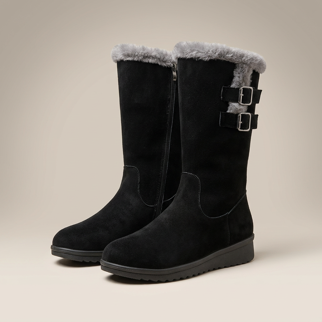 Women’s black mid-calf riding boots with side buckles, round toe, faux-fur cuffs