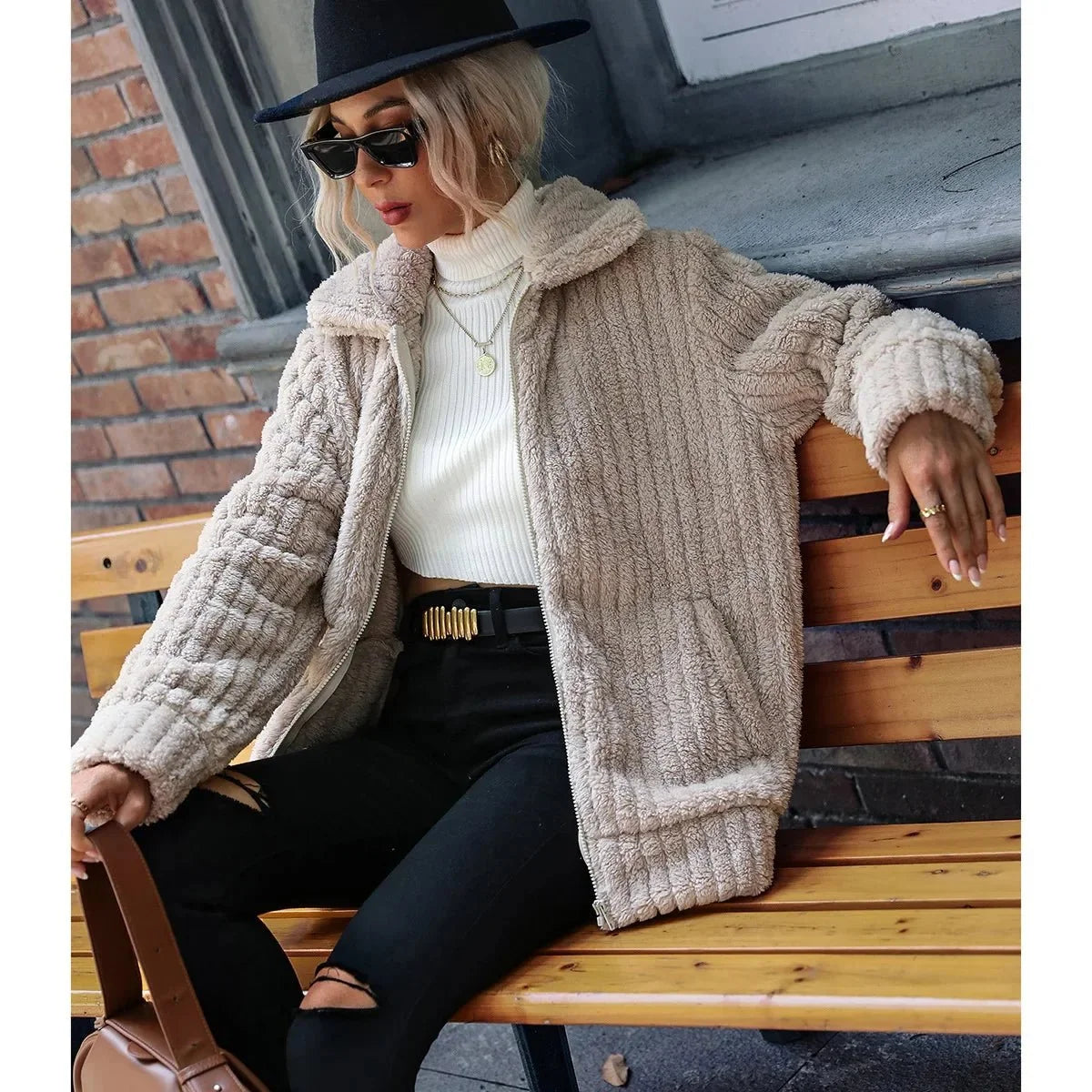 Light beige textured zip-front women’s jacket with stand collar and elastic cuffs