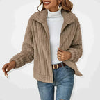 Taupe textured zip-front women’s jacket with stand collar and long sleeves