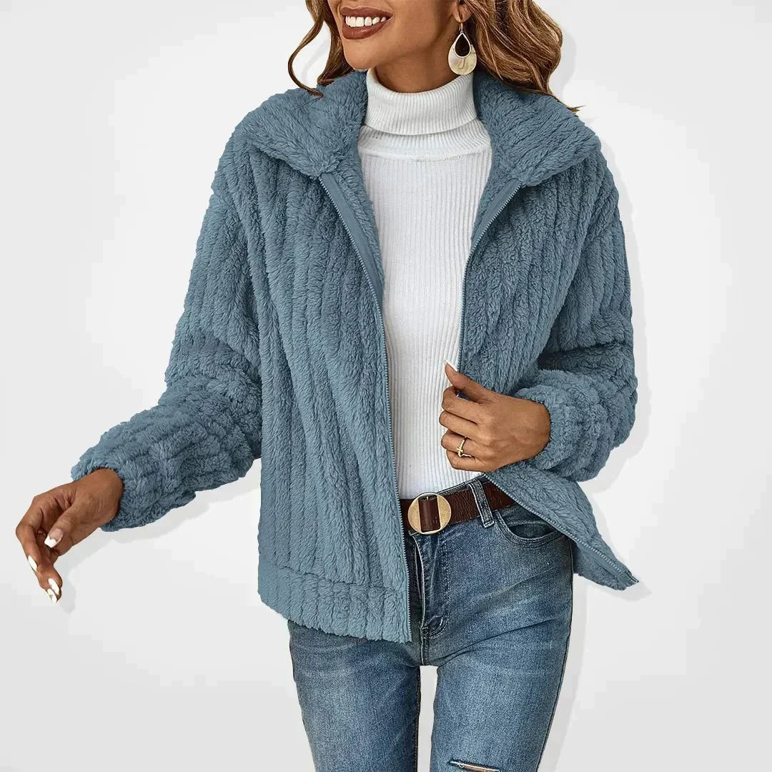 Dusty blue textured zip-front women’s jacket with stand collar and long sleeves