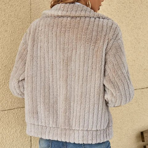 Light beige textured zip-front women’s jacket with stand collar and long sleeves