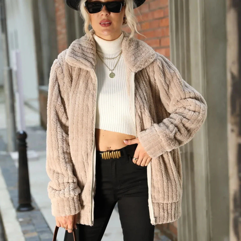 Light beige textured zip-front women’s jacket with stand collar and full sleeves
