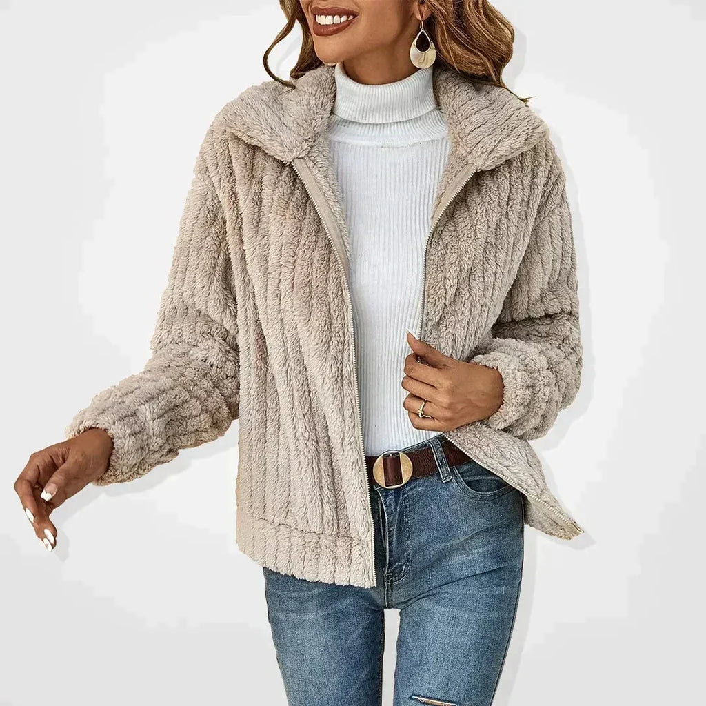 Light gray textured zip-front women’s jacket with stand collar and long sleeves