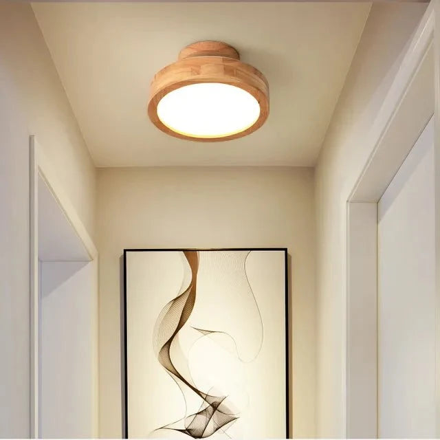 Round solid-wood flush mount ceiling lamp with LED glow and layered wood rim