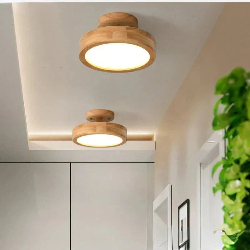 Round wood flush mount ceiling lamp with LED light, mounted on the ceiling