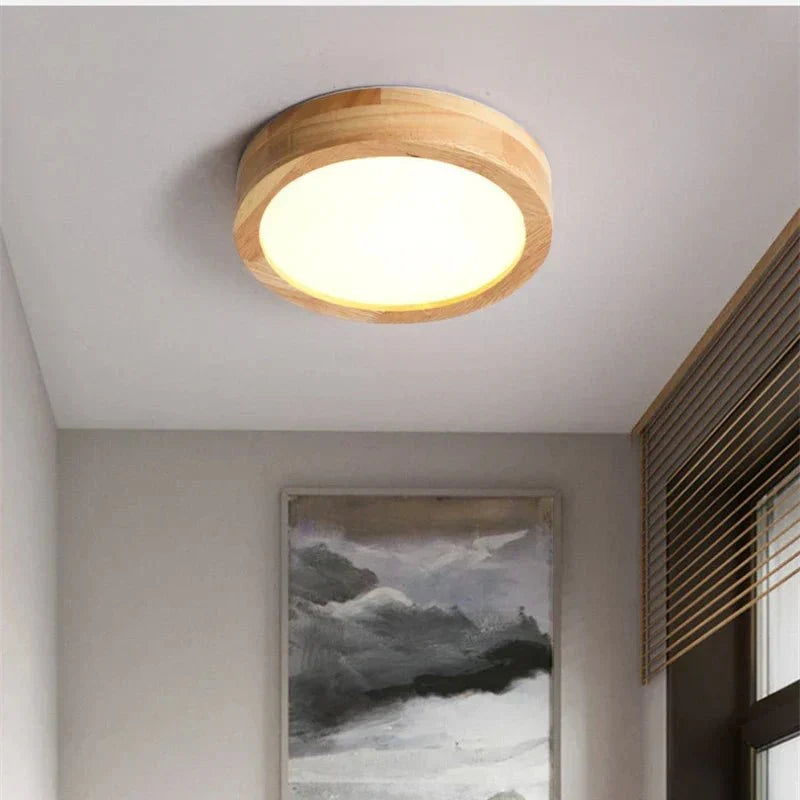 Round solid-wood flush mount ceiling lamp with warm white LED glow
