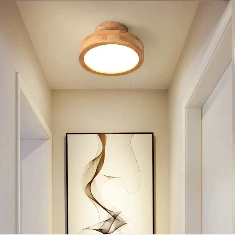 Round solid-wood LED flush mount ceiling lamp with bright circular diffuser