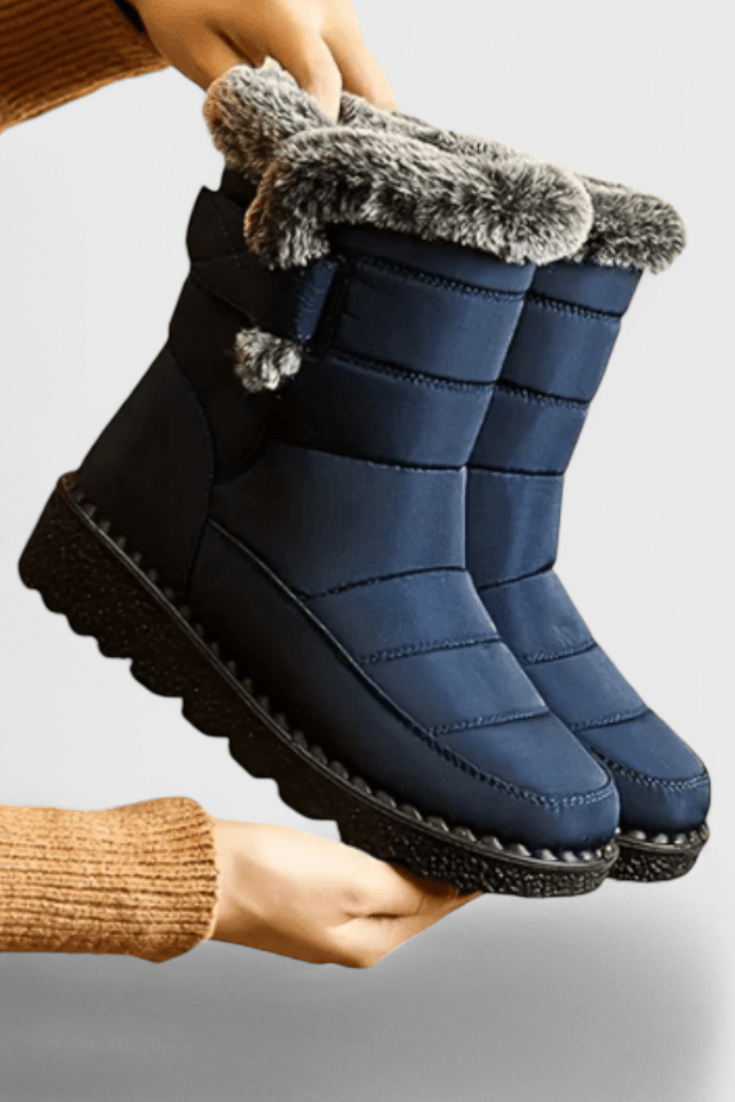 Sephira women's quilted ankle boots, dark blue, faux-fur cuff, treaded sole