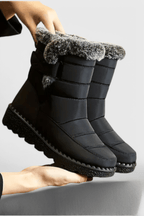 Women's quilted ankle boots, black, faux-fur cuff, treaded sole