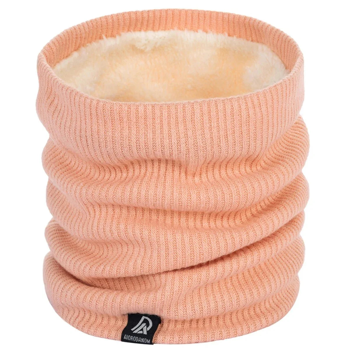 Peach ribbed neck warmer scarf with soft plush inner lining, looped style