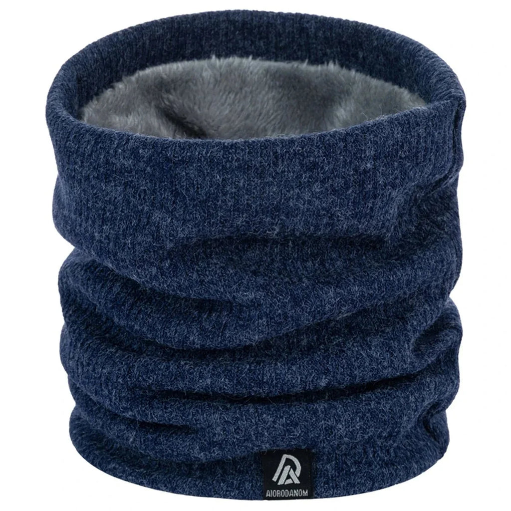 Navy blue fleece-lined neck warmer scarf, thick ribbed knit loop