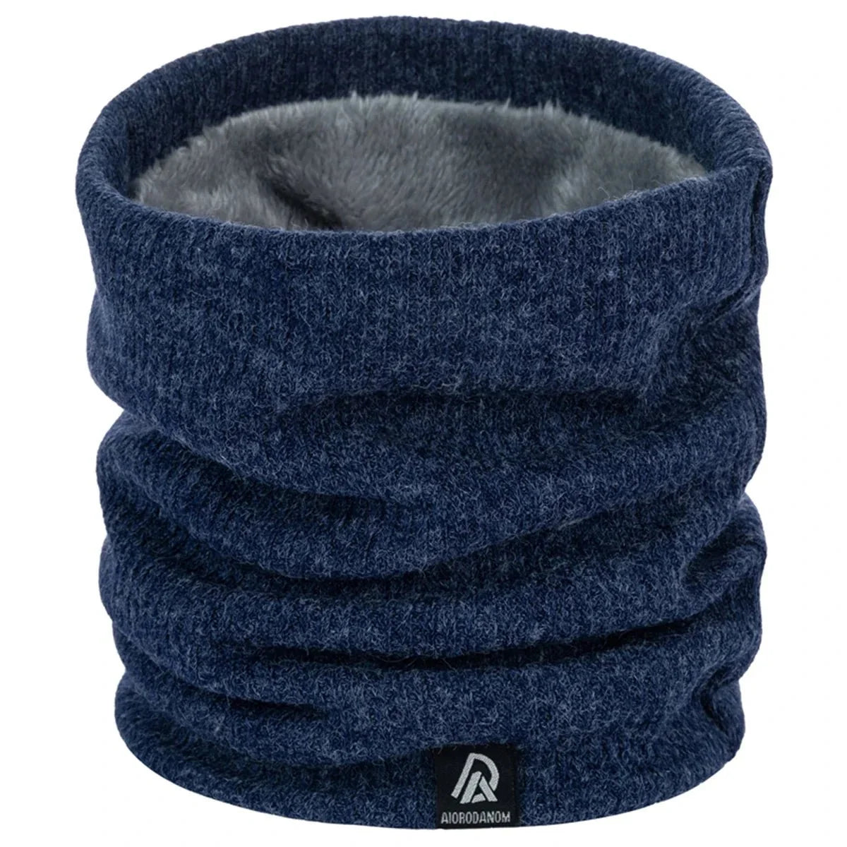 Navy blue fleece-lined neck warmer scarf, thick ribbed knit loop