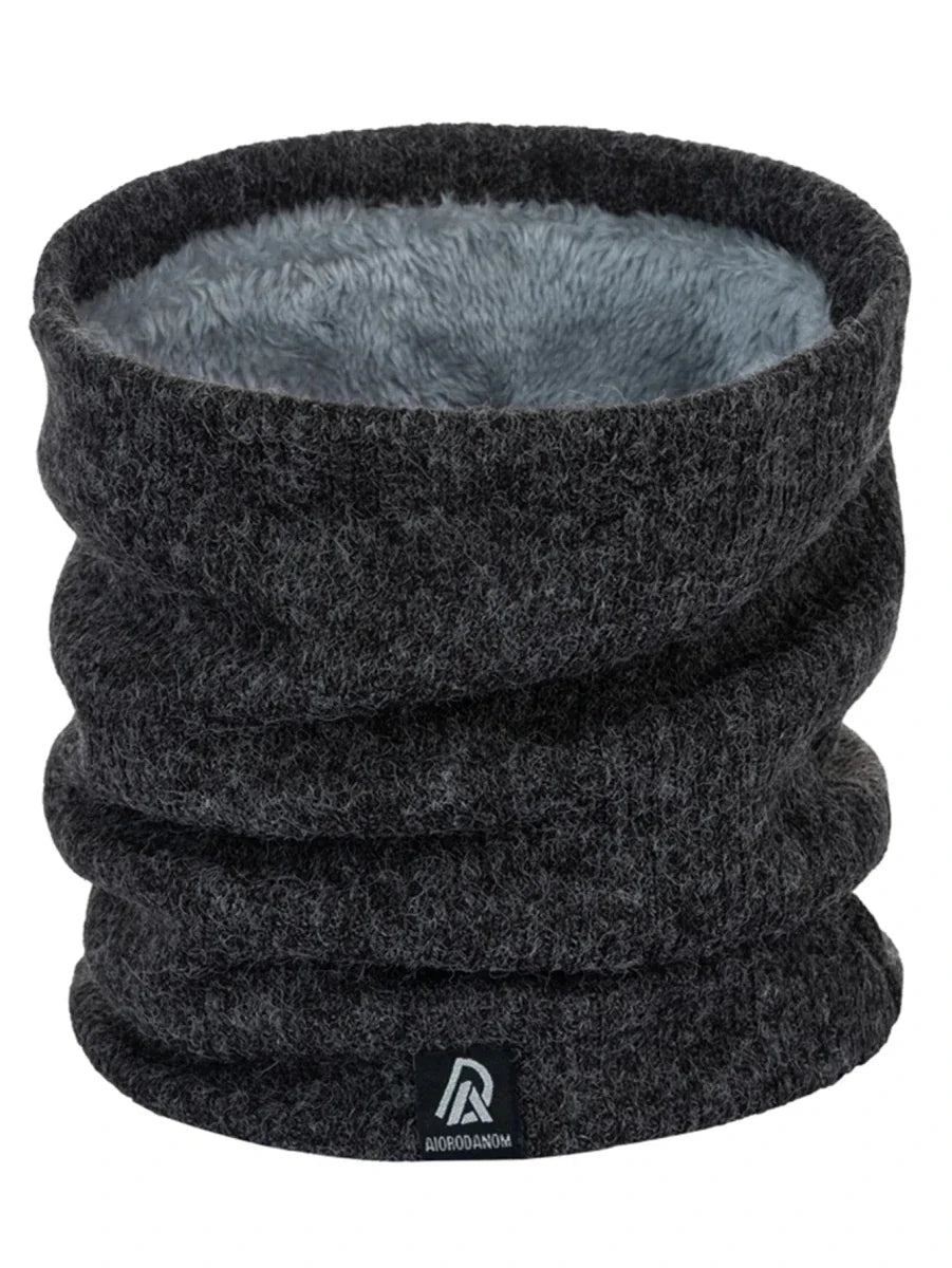 Charcoal gray knit neck warmer scarf with plush inner lining, thick folded loop