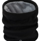 Black velour neck warmer scarf with plush inner lining and gathered tube shape.