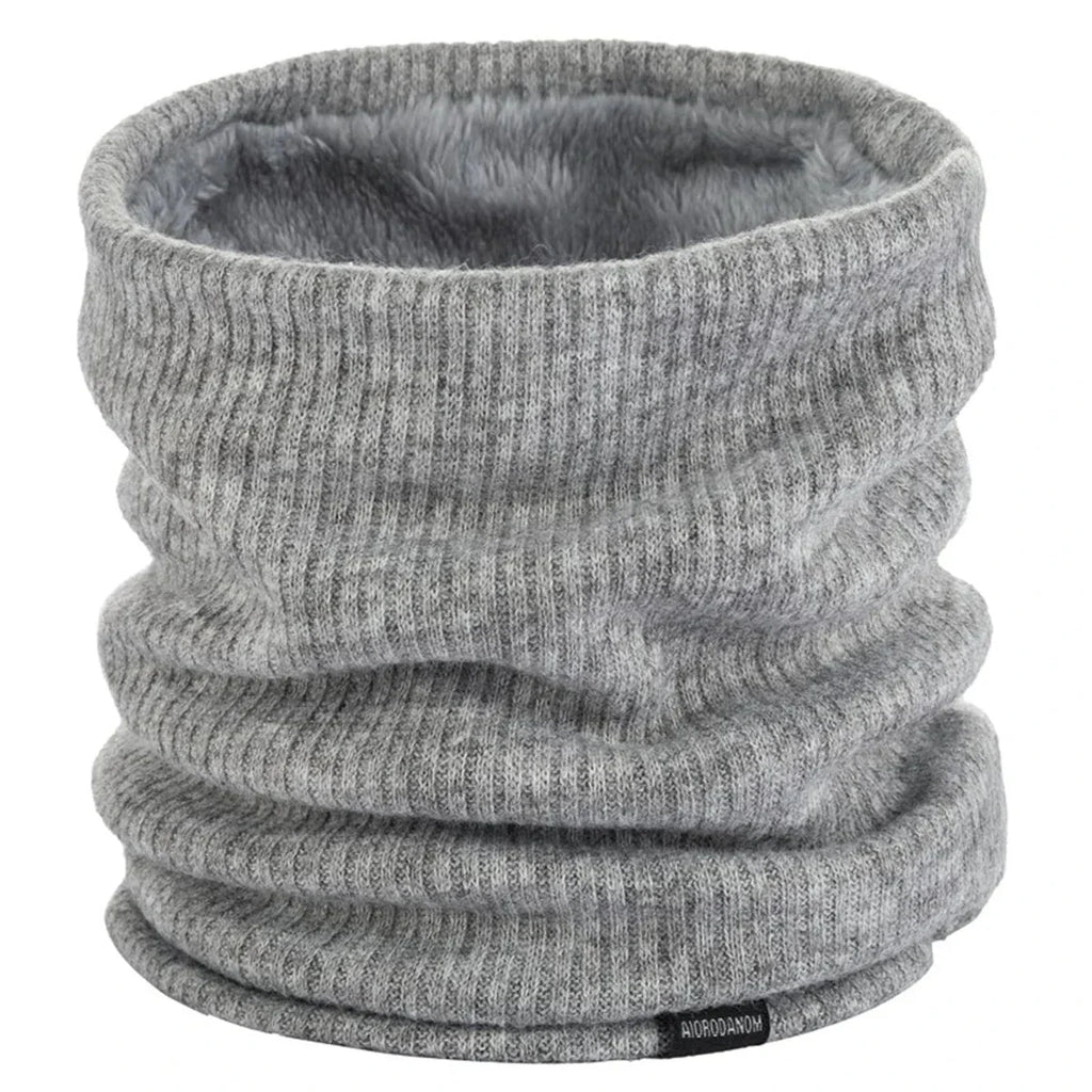 Light gray ribbed knit neck warmer scarf with plush inner lining and rolled edge.