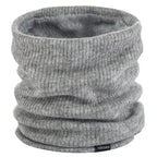 Light gray ribbed knit neck warmer scarf with plush inner lining and rolled edge.