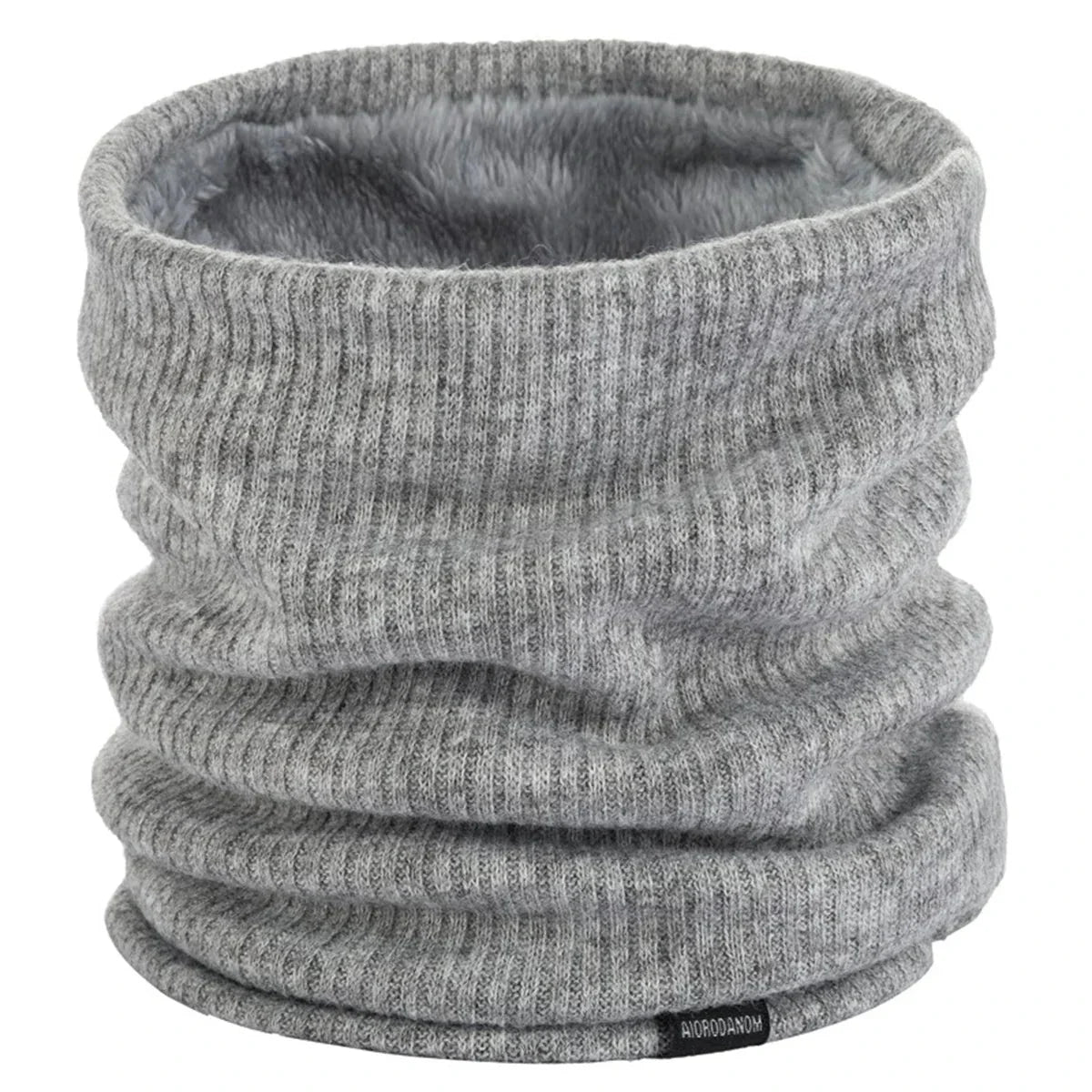 Light gray ribbed knit neck warmer scarf with plush inner lining and rolled edge.