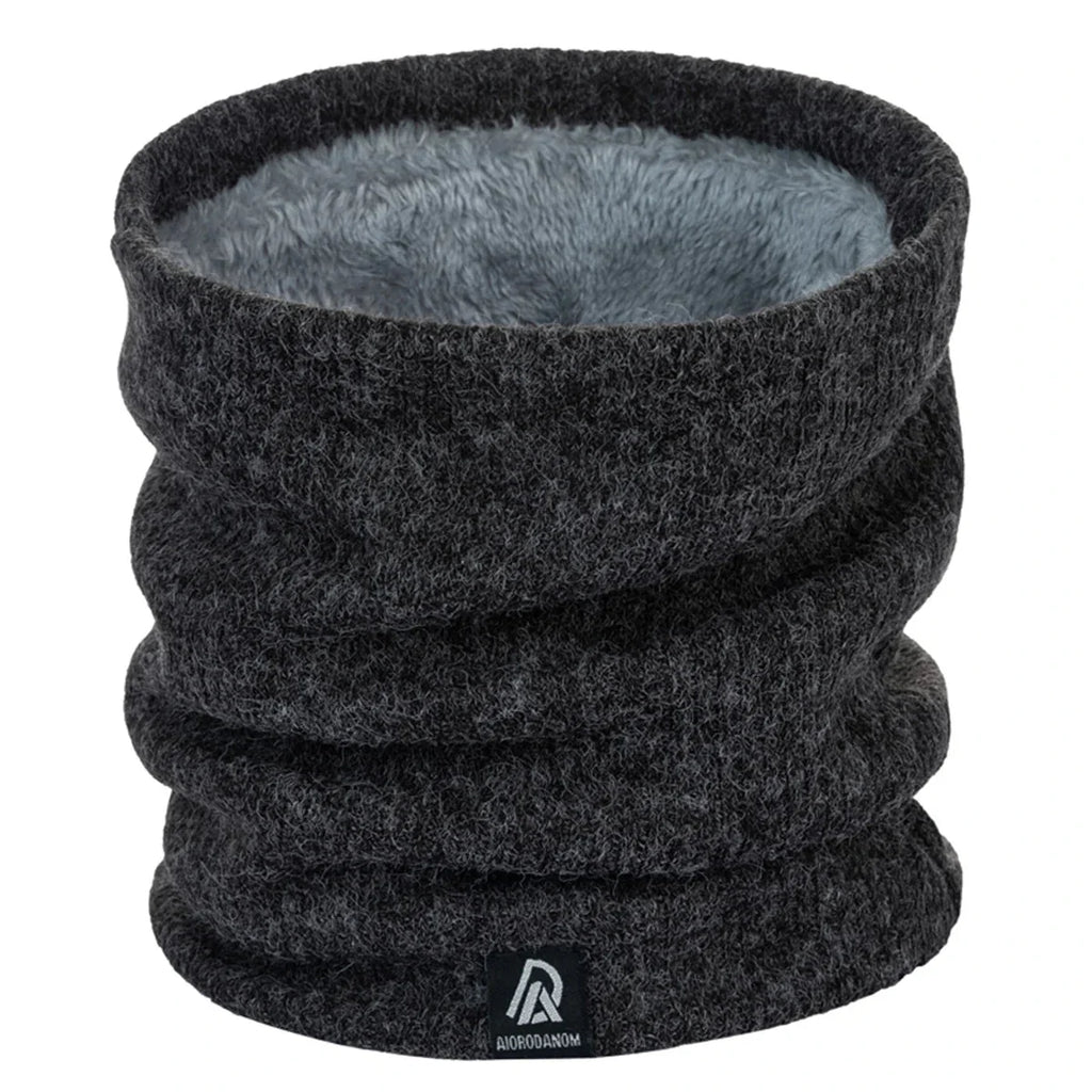 Dark gray velour neck warmer scarf with gathered loop and soft inner lining.