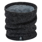 Dark gray velour neck warmer scarf with gathered loop and soft inner lining.