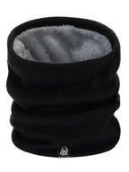 Black ribbed neck warmer scarf with gray plush lining, looped and snug