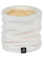 White knit neck warmer scarf with plush inner lining and small logo patch