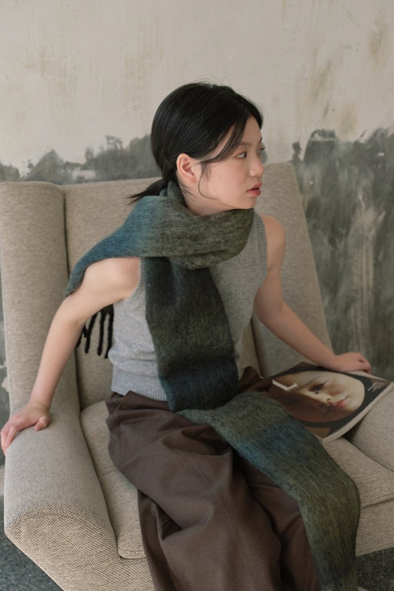 Long knit gradient scarf in teal and dark green with fringed ends