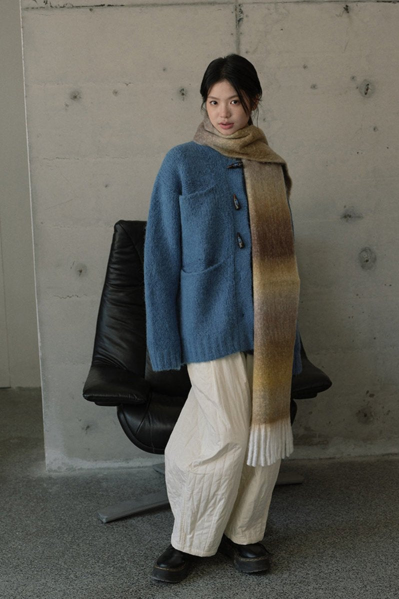 Long gradient knit fringe scarf, blue-to-brown shoulder wrap with fringe