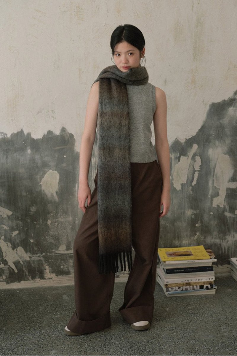 Long knit gradient scarf in dark charcoal to gray with fringed ends