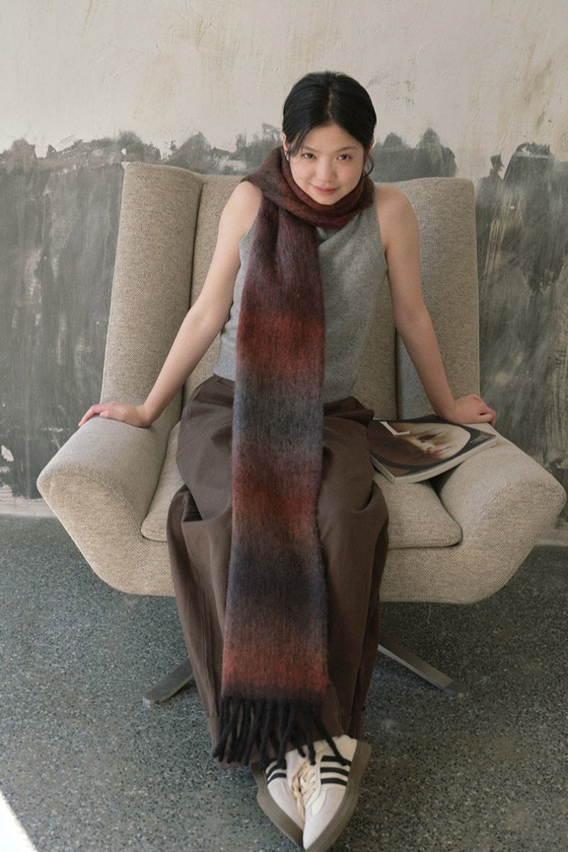 Brown gradient knit scarf with dark-to-light ombre and long fringe