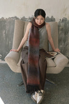 Brown gradient knit scarf with dark-to-light ombre and long fringe