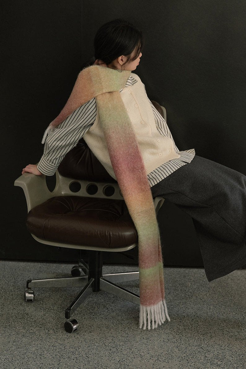 Long knit gradient scarf in pale green to blush pink with fringed ends
