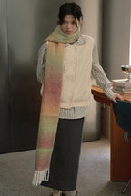 Long knit gradient scarf in green and blush pink with fringed ends