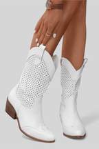 White western block heel boots with perforated panels and pull tab