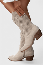 Beige perforated western boots with side zipper and block heel