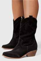 Black western boots with perforated texture and block heel