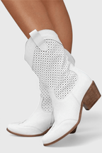 White perforated western boots with side zipper and block heel