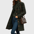 Green plaid longline coat with notch collar and brown button front, long hem
