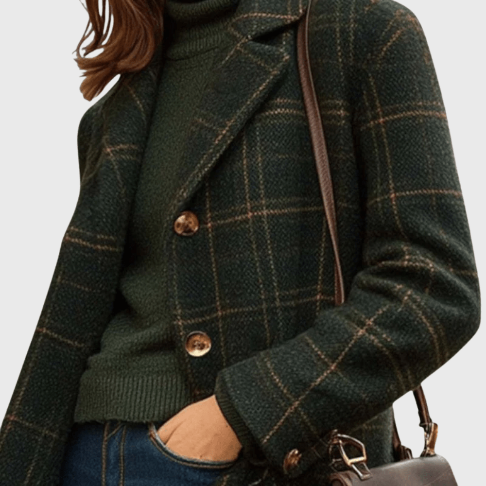 Green plaid longline coat with notch collar and button front, long sleeves