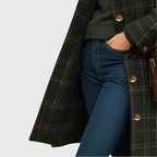 Green plaid longline button-front coat, side view with long hem