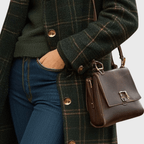 Green plaid longline button-front coat with brown buttons and notch collar