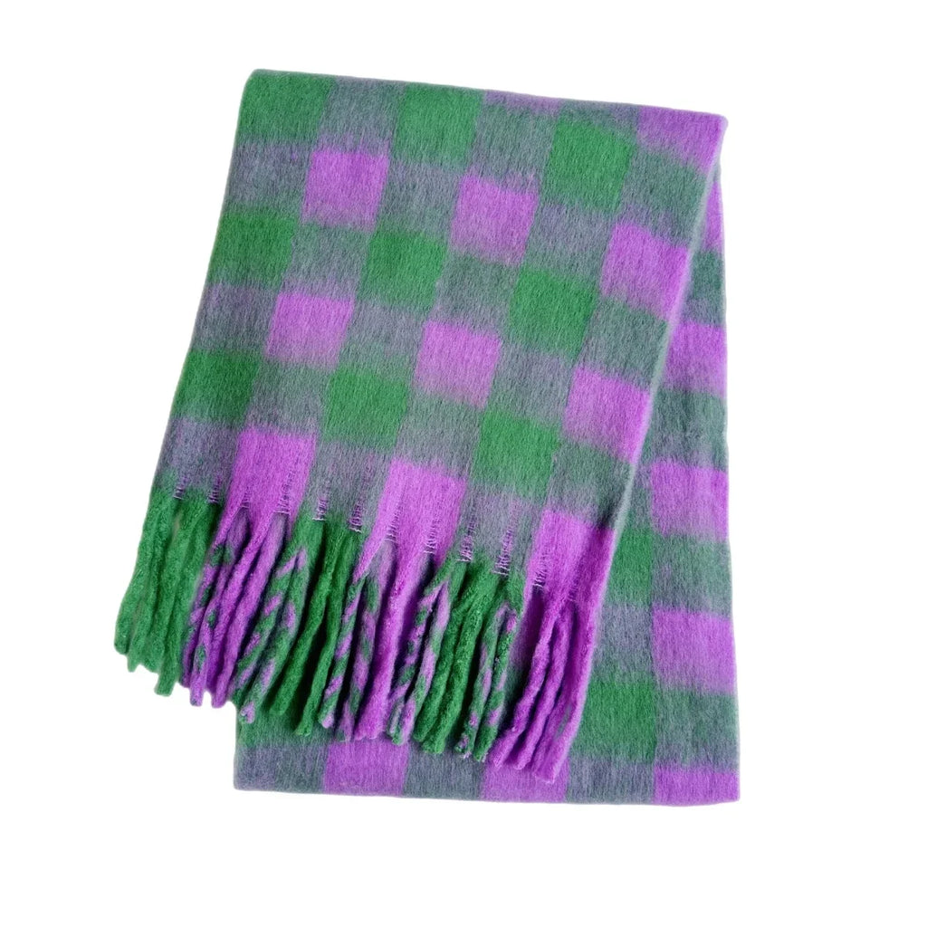Green and purple plaid cashmere scarf with fringed ends