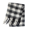 Black and white plaid cashmere winter scarf with fringed ends