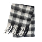 Black and white plaid cashmere winter scarf with fringed ends