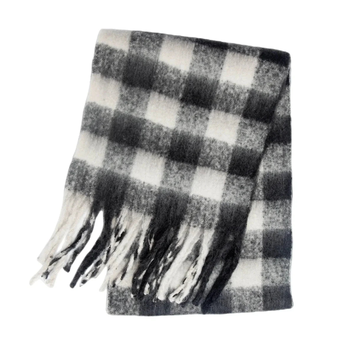 Black and white plaid cashmere winter scarf with fringed ends
